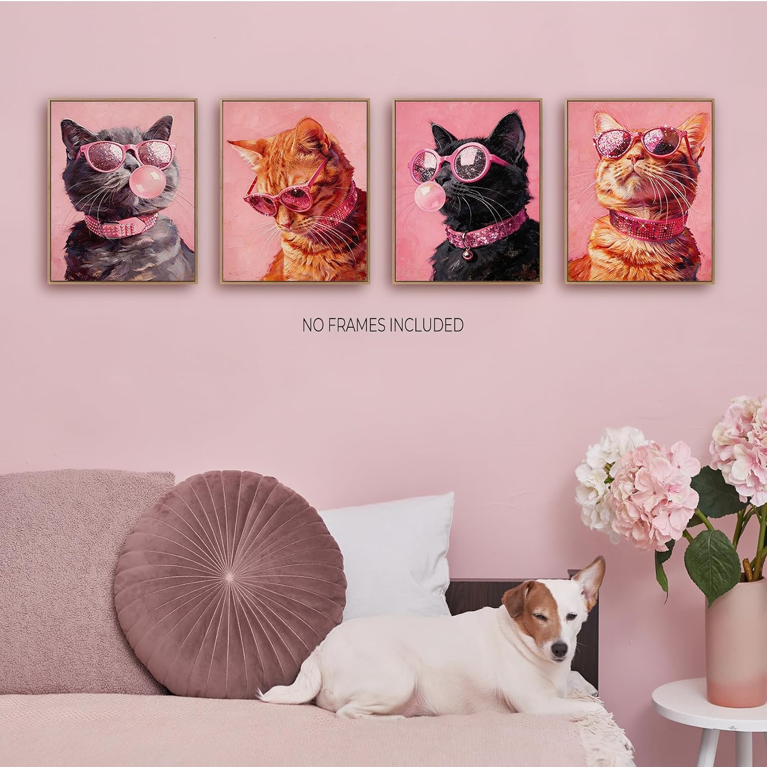 Foritho Pink Glam Fashion Cat Wall Art Prints 8x10 Set of 4 Unframed | Cat Mom Lady Lover Gifts Wall Decor Pictures Posters for Girls Bedroom Room Dorm, Funny Funky Pink Sunglasses Cat Wall Decor