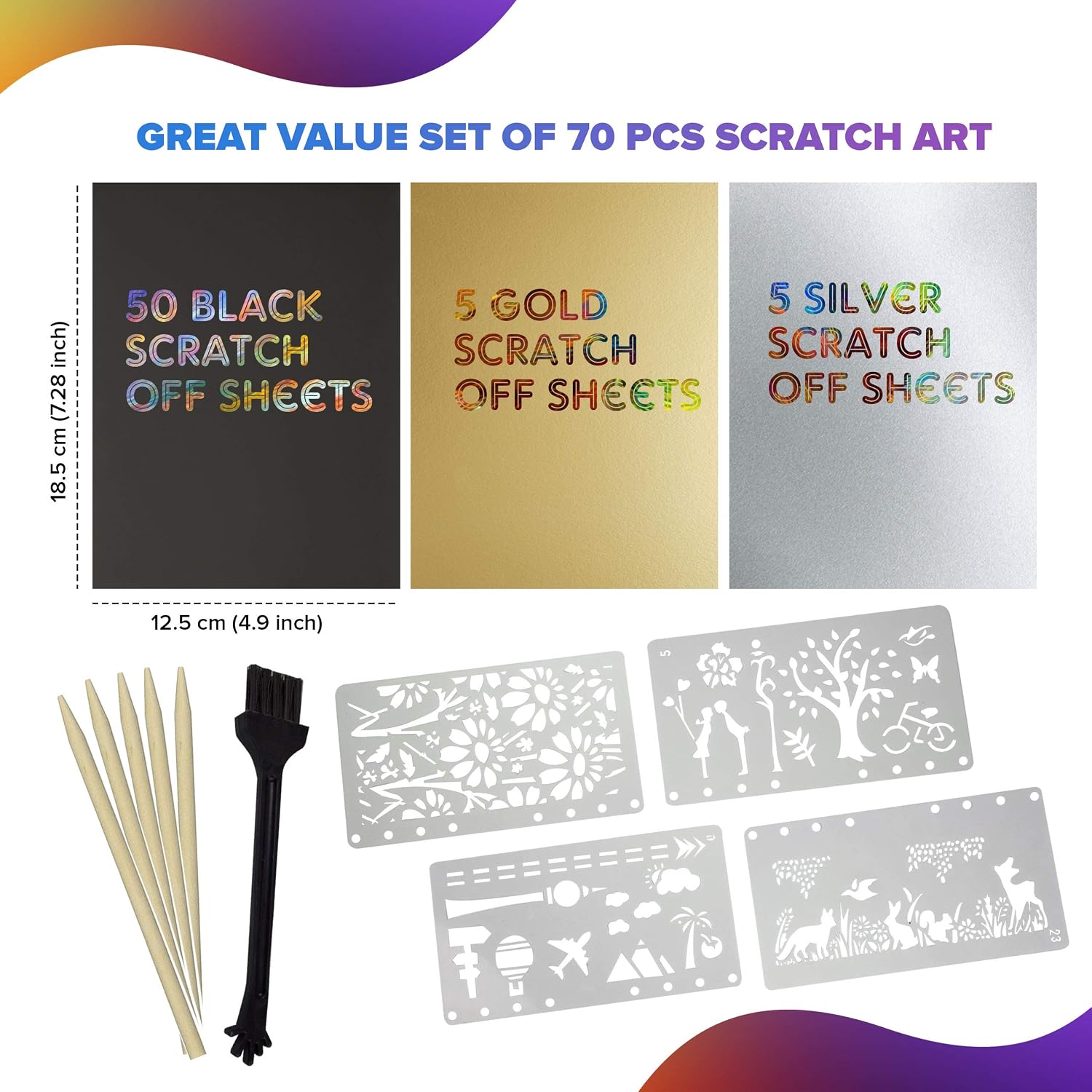 bago Scratch Art for Kids 70Pcs - Vibrant Rainbow Scratch Paper for Kids and Adults Craft Fun (Black)
