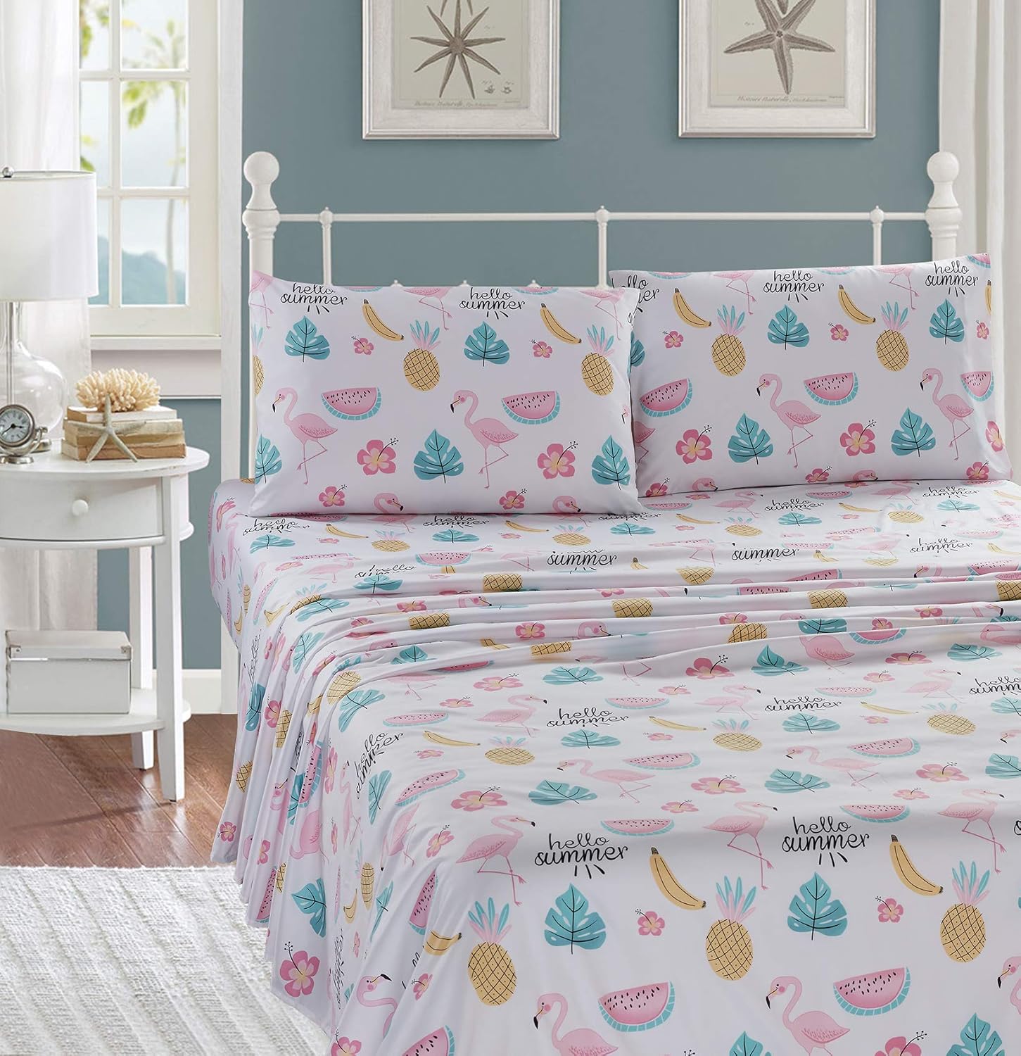 Linen Plus Sheet Set Kids/Teens Flamingo Pineapple Banana Watermelon Hibiscus Tropical Leaf Pink Yellow White New # Hello Summer (Twin)