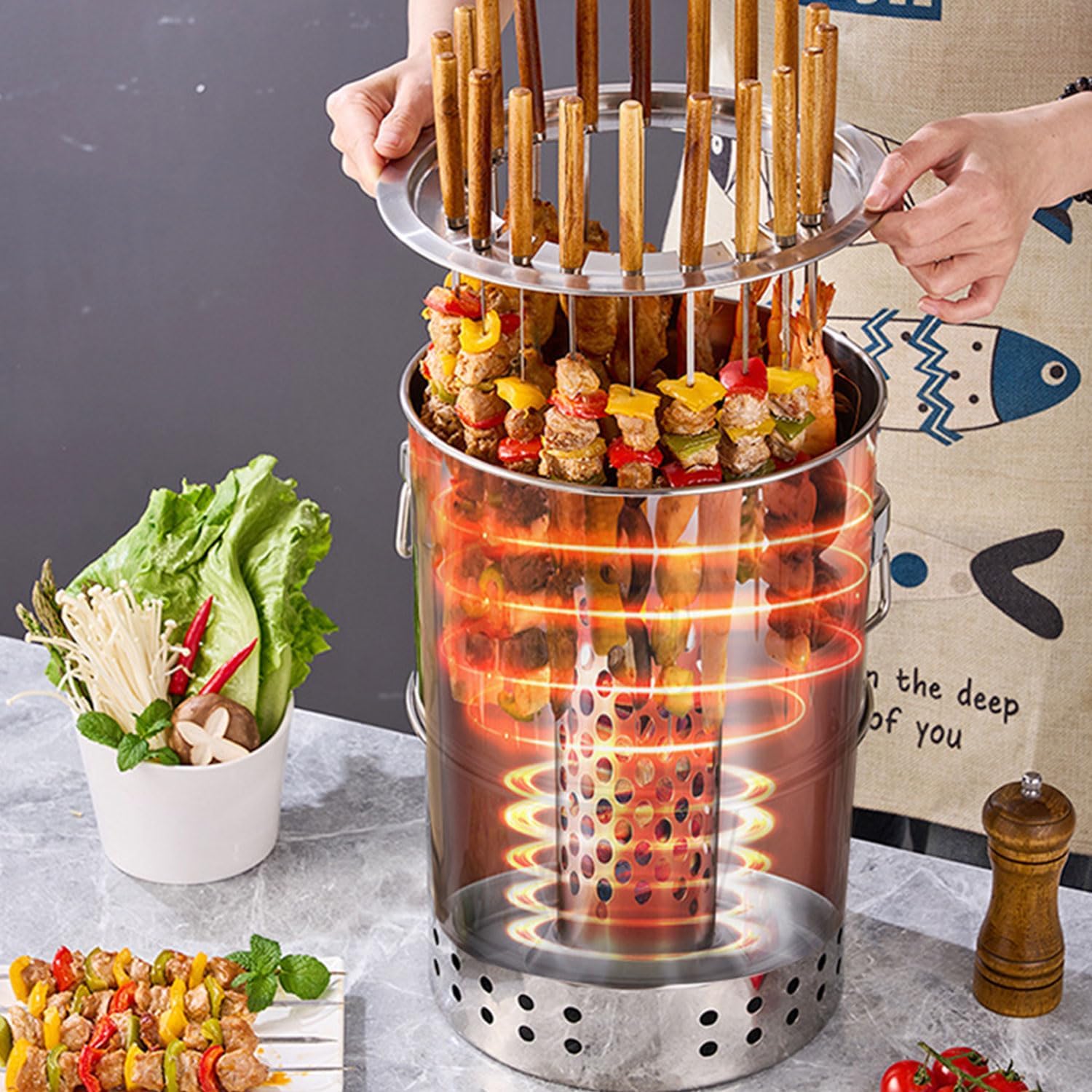 Stainless Smokeless Charcoal Grills Surround Charcoal Barrel Grill 360° Smokeless Outdoor Barbecue Grill for Travel for Travel, Outdoor Cooking and BBQ, Camping Grill Picnic Patio Backyard