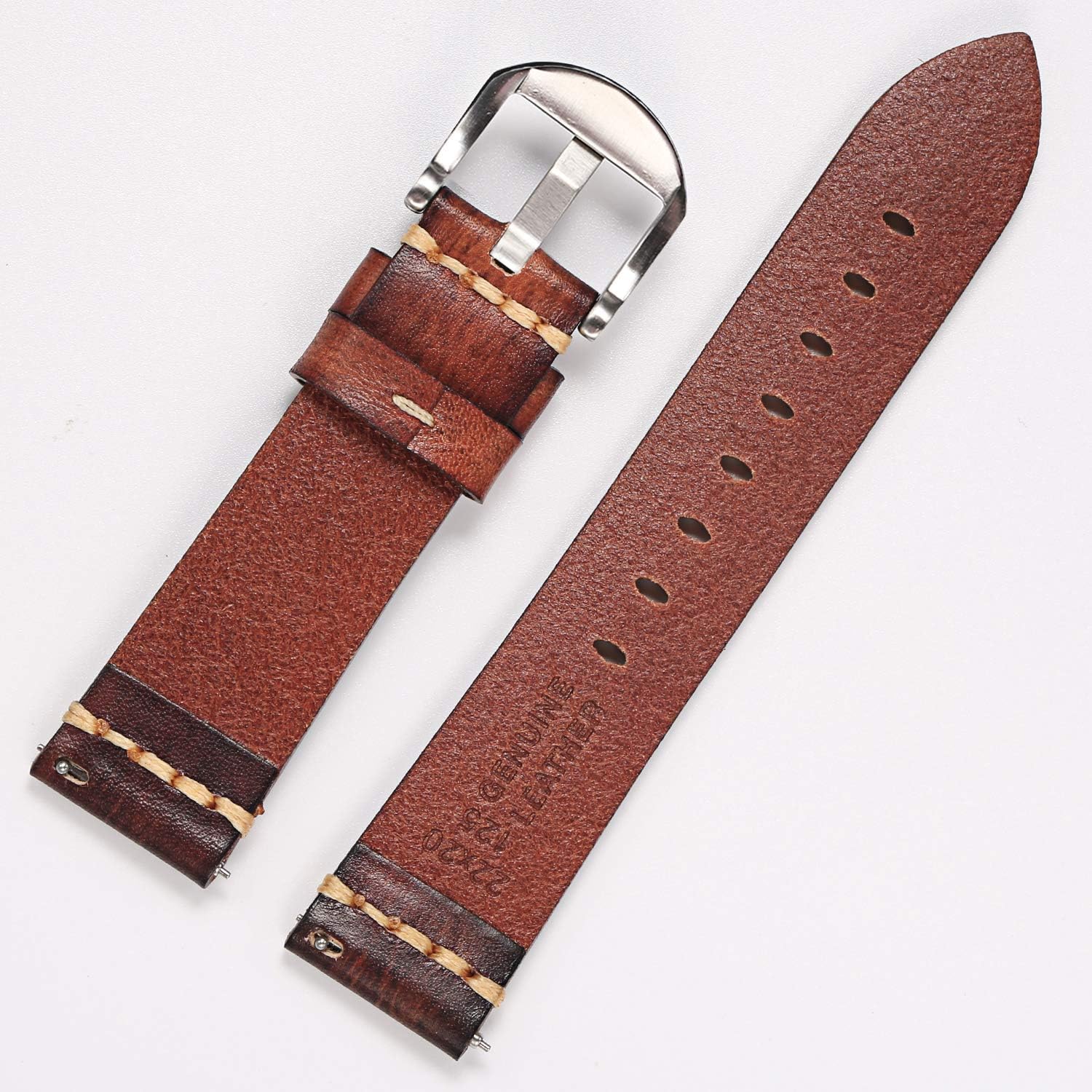 PBCODE Quick Release Leather Watch Bands for Men Handmade Vegetable Tanned Calfskin Vintage Leather Watch Straps 24mm Brown
