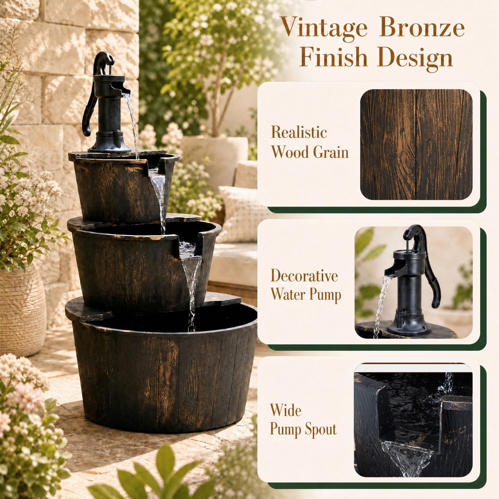 HOMASIS Fontana Decorativa da Giardino a 3 Livelli con Pompa Silenziosa | Fontanella a Cascata da Esterno in Stile Rustico con Velocità Regolabile per Balcone e Terrazza, Bronzo Antico, 52x60x92,5 cm