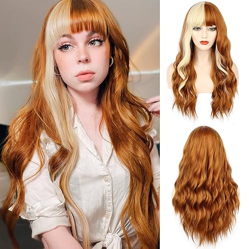 ENTRANCED STYLES Peluca naranja con flequillo, pelucas largas onduladas naranjas para mujer, peluca naranja y rubia, peluca sintética resistente al