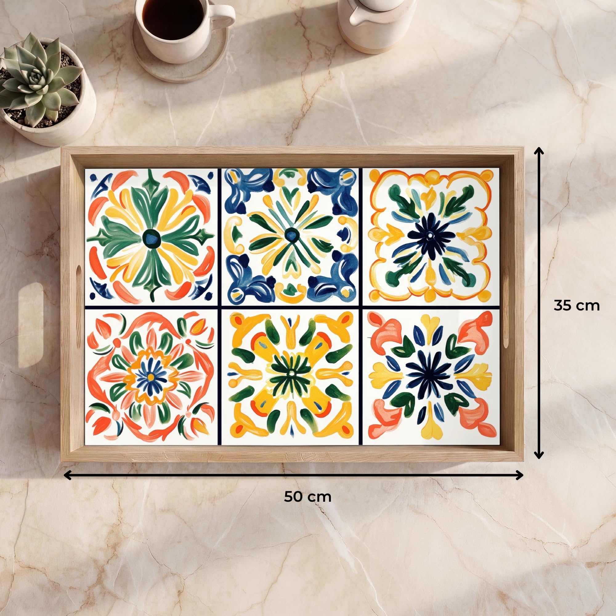Serviertablett Rechteckig 50x35 cm Servierplatte Eiche Holz Tablett Mit Henkel Tray Kratzfest Kaffeetablett Tabletts Teetablett Spanisch - Kacheln - Keramik - Blumen