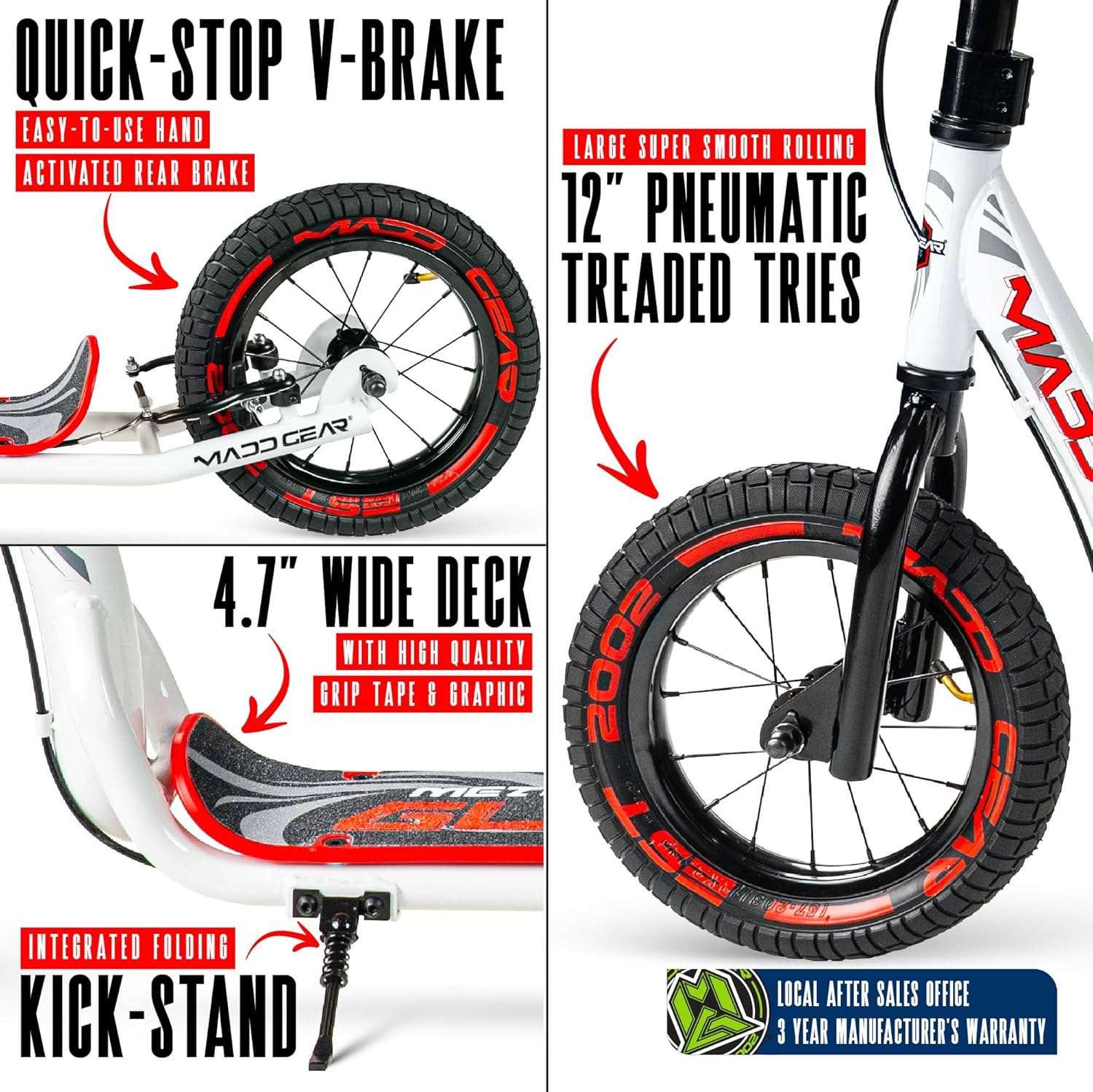 Large Kick Scooter for Adults, Teens & Kids 8-12 with Kickstand – 12" Air-Filled Tires, Wide Deck, Lightweight Steel Frame – Madd Gear Urban Glide