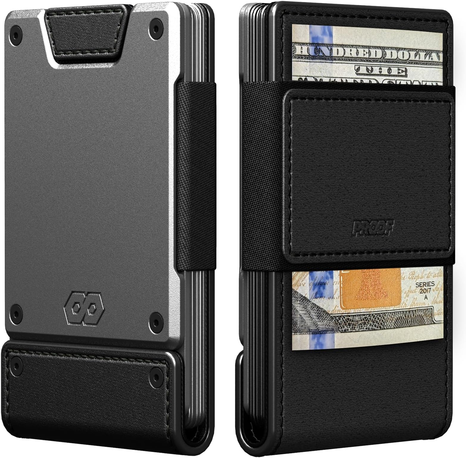PROOF Wallet | Slim Minimalist Wallets for Men | Leather & Metal | RFID Wallet | Front/Back Pocket | Gift Box | Veteran Owned, Apex (Full Grain Black Leather | Satin Gun Metal)