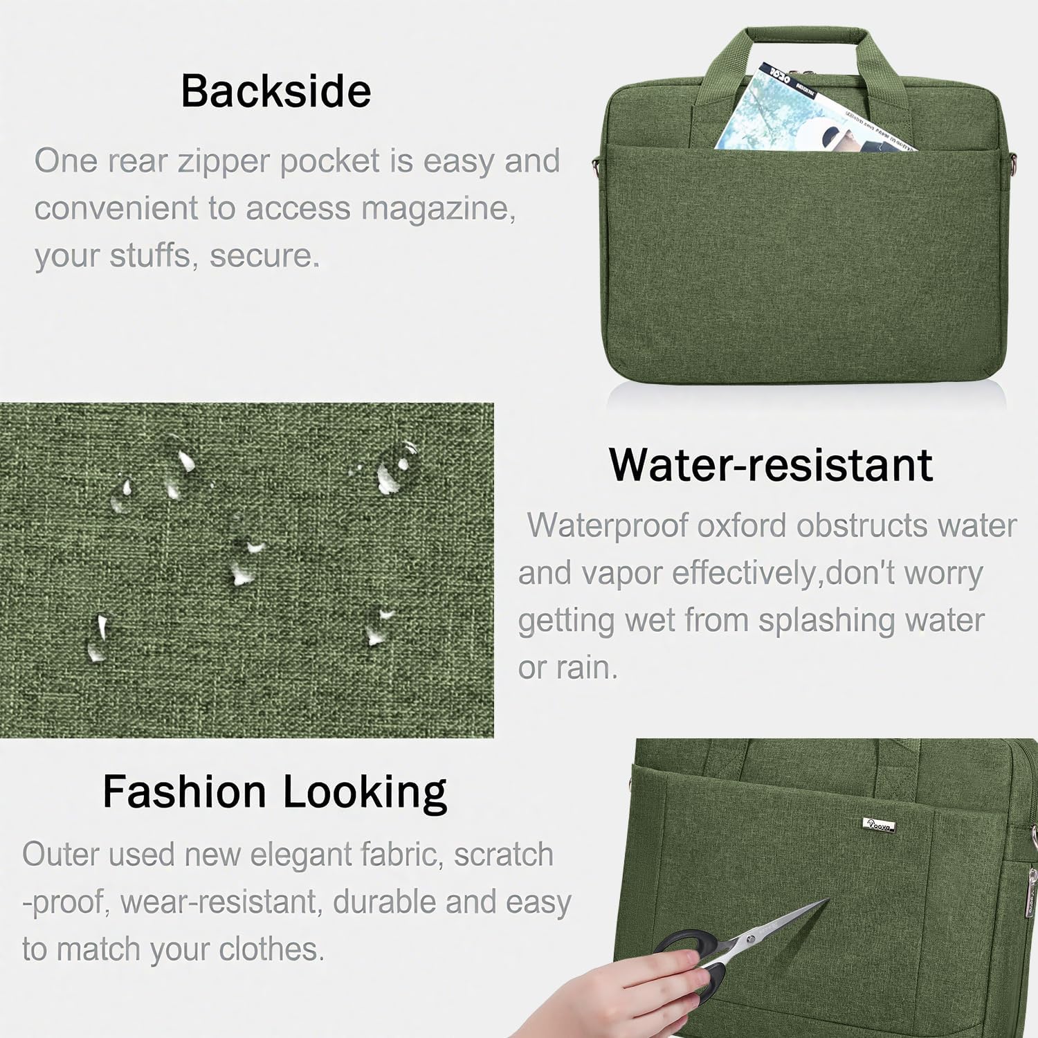 Voova Laptop Bag Case 15 15.6 16 Inch, Computer Sleeve Messenger Bag with Shoulder Strap Expandable Waterproof Business Briefcase for Men Women to Work Travel School, Fit 14-16 Inch Laptop, Army Green - Image 6