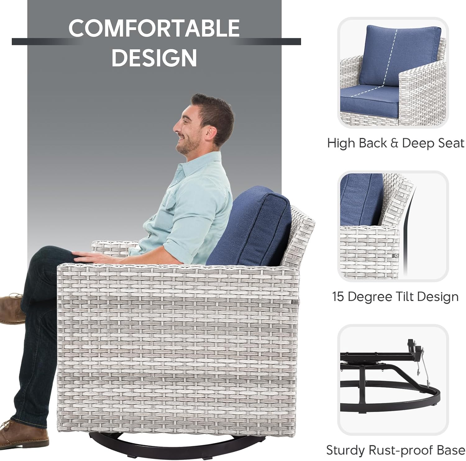 Patio Chairs Wicker Swivel Rocker Set of 2 - Heavy Duty Patio Furniture Set 350LBS Max Load Wicker Outdoor Swivel Glider Rocking Chairs for Porch Balcony Deck Poolside - Light Grey/Blue