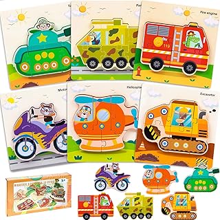 weallbuy Wooden Puzzles for Toddlers 1-3, 6-Piece Toddler Puzzles Contains Dinosaur/Car Types, Toddler Toys for Age 1 2 3, Toddler for Boys and Girls (Cars)