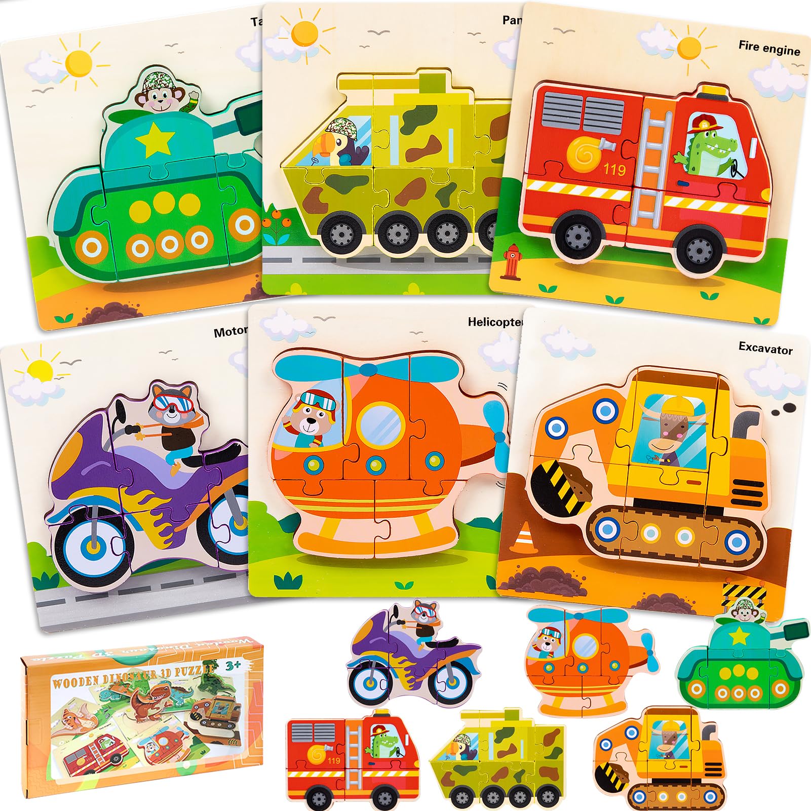 7 Holzpuzzles Für Kleinkinder 2-7 Jahre – Tiermotive Dinosaurier, Elefant & Mehr, Lernspielzeug