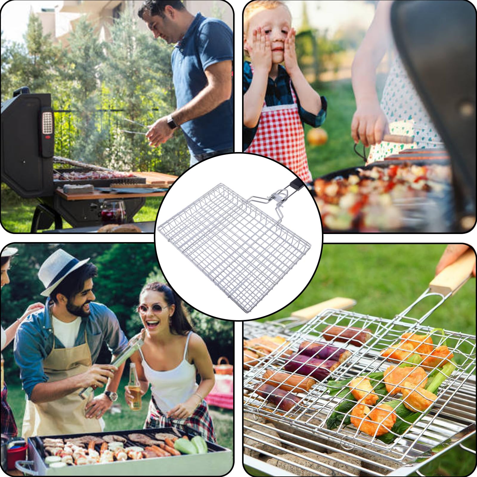 Panier Grille pour Barbecue, Grille de Barbecue Portable avec Poignée Amovible en Bois, Accessoires de Barbecue Grille Panier pour Poisson Rôti, Crevettes, Légumes, 32 x 22 x 3.5 cm