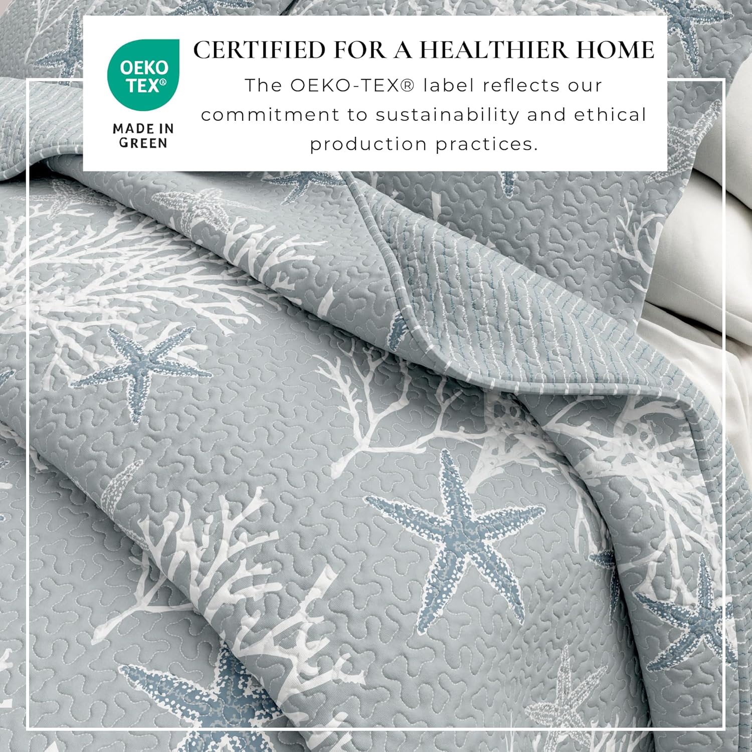 King Coastal Quilt Bedding Set, Summer Coastal Quilt with Shams, Beach 3-Piece Reversible All Season Bedspread Quilt Set. Lightweight Nautical Quilted Coverlet. Fenwick Collection, Pearl Blue - Image 3