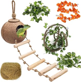 Leopard Gecko Tank Accessories, Coconut Shell Ladder Hideout Hole Reptile Climbing Vine Habitat Decor with 3 Pieces Colorful Plastic Plants for Chameleon Lizard Snake Hermit Crab