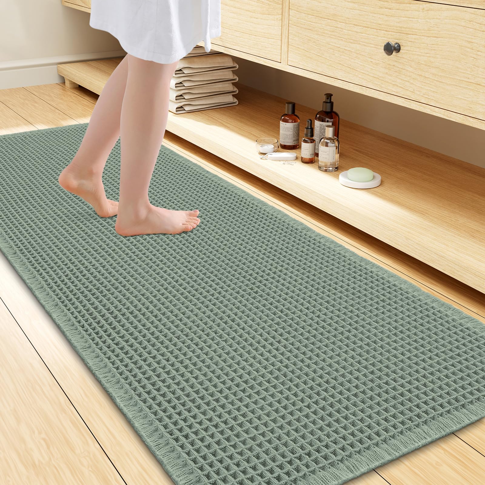 Smiry Waffle Bath Mat 60X24, Extra Soft Absorbent Bathroom Rugs, Sage Green