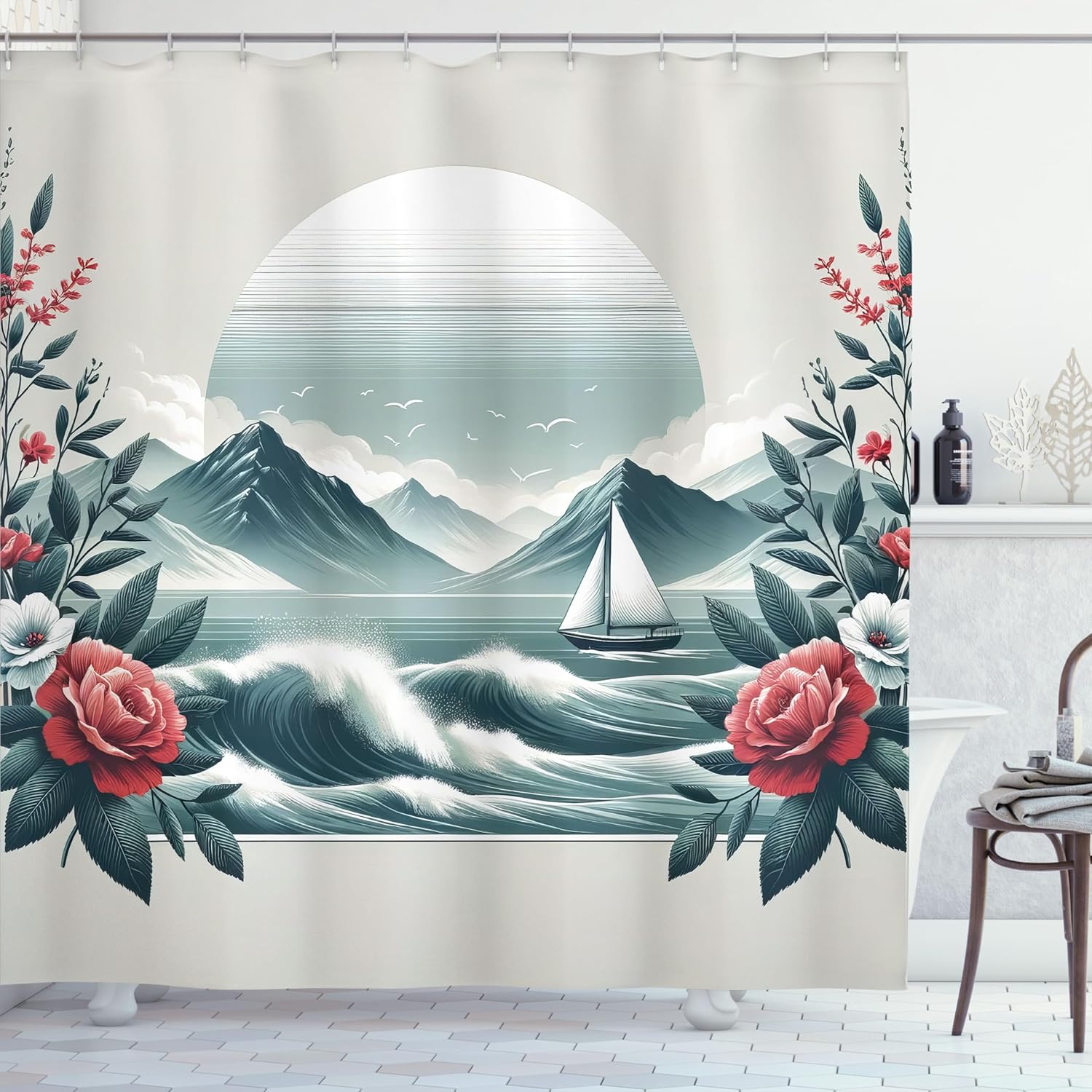 Ambesonne Nautical Shower Curtain, Vintage Seascape Peaceful Horizon with Blooming Wild Roses and Sailboat, Cloth Fabric Bathroom Decor Set with Hooks, 69" W x 75" L, Coral and Slate Blue