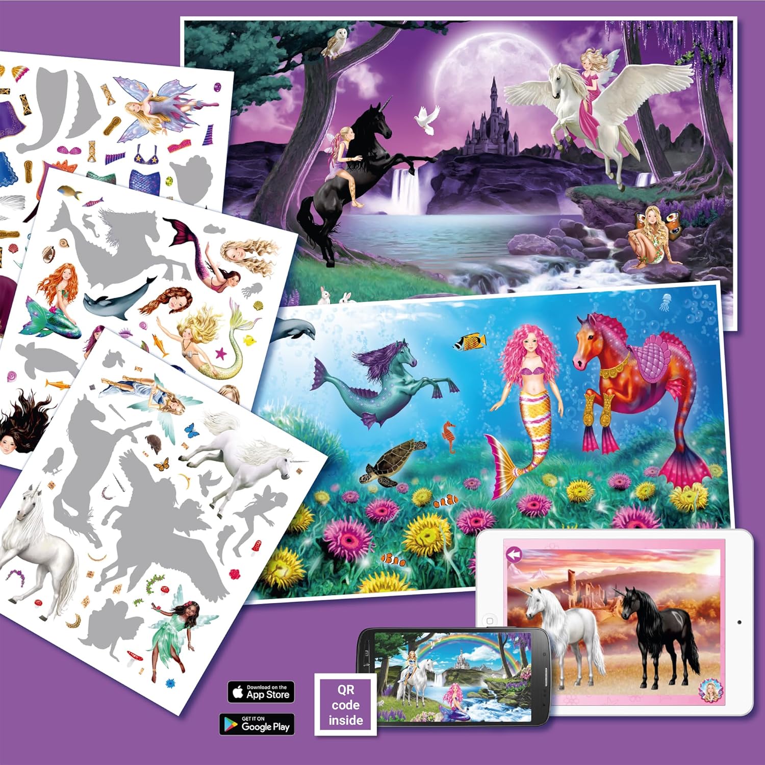 Book 'n' app: Panorama Sticker Book - Elves & Mermaids - Mix & Match Stickers On Double-Page Spreads, Mythical Characters & Fantasy Scenes, Kids 4+