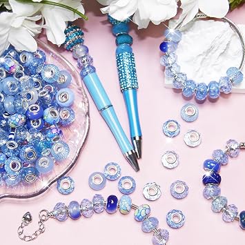 100 Pieces Large Hole Beads, Assorted European Craft Beads Blue Big Hole Fairy Wands Garden Bead Large Hole Lampwork Spacer Bead for DIY Pens Charms Bracelet Necklace Jewelry Making Supplies