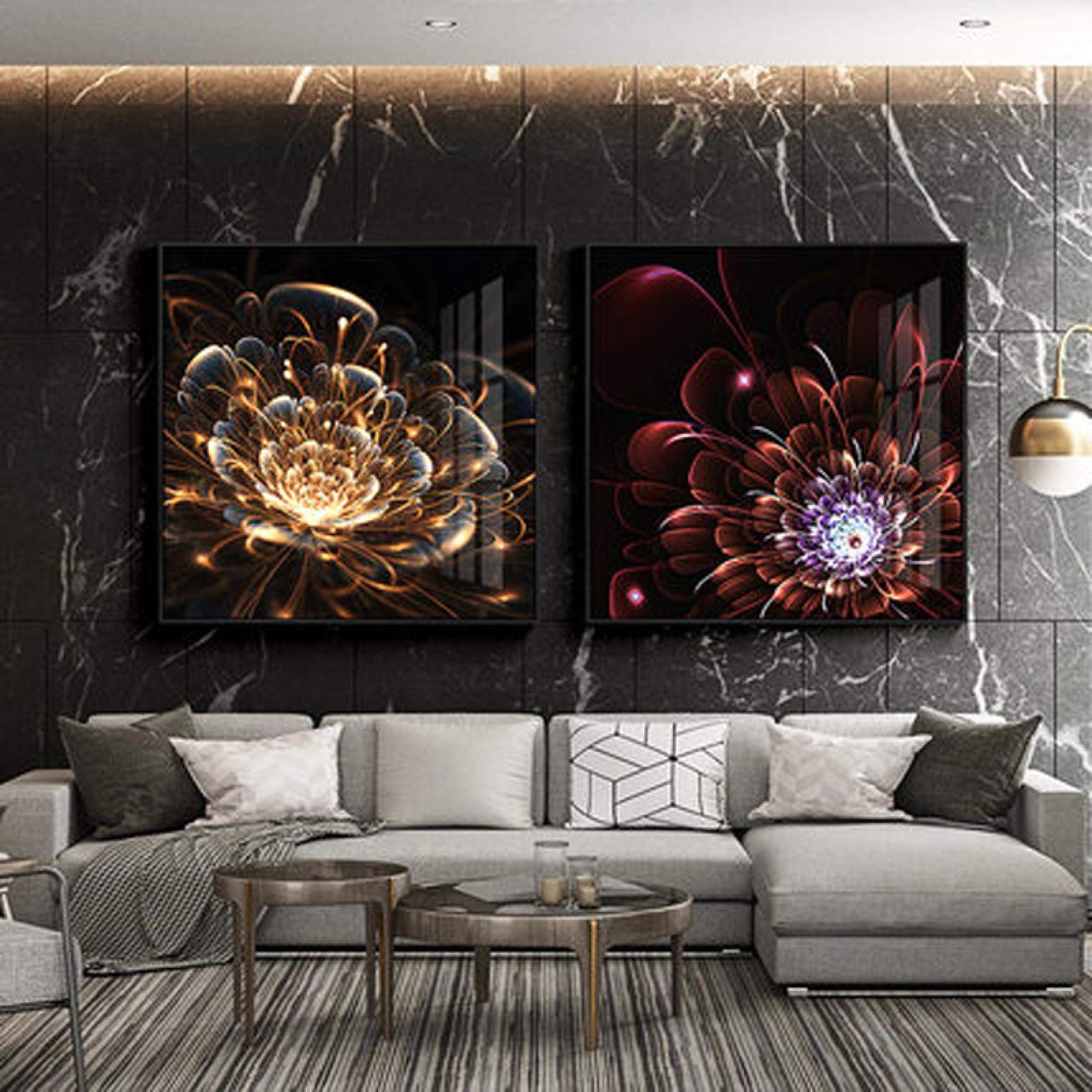 Affiches sombres pour salon chic et porche moderne avec peinture fleur feuille d'or 80x80