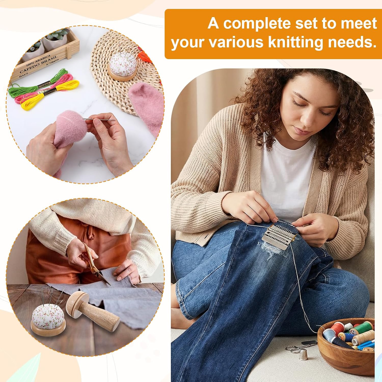 Mini Darning Mushroom for Socks Darner Kit Include 14 Hooks Small Weaving Darning Loom 12 Large Eye Needles 50 Colors Thread for DIY Handicrafts Home Sewing Care Weaving Repair Tool