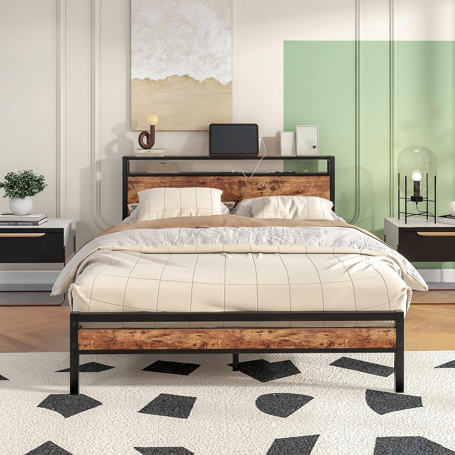 Twin Bed Frame with Storage Headboard/USB Charging Station,Single Platform Bed Frame Twin Size No Box Spring Needed,Strong Steel Slats Support,Bedroom Furniture,Rustic Brown