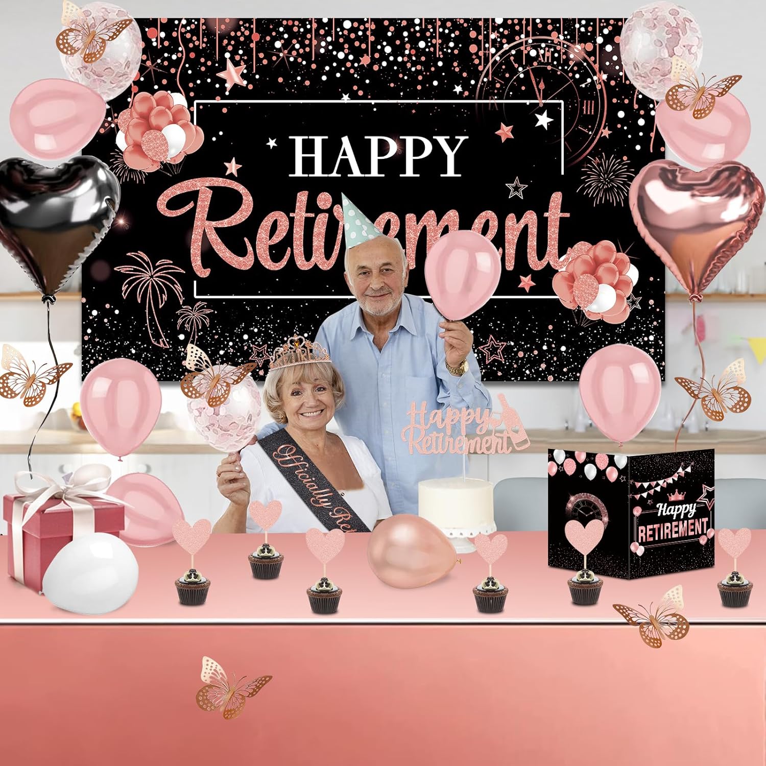 52Pcs Retirement Party Decorations Women with Retirement Sash and Crown,Banner, Balloons Arch, Butterfly Decor, Cake Toppers, Tablecloth, Greeting Card, Happy Retire Decorations Favors