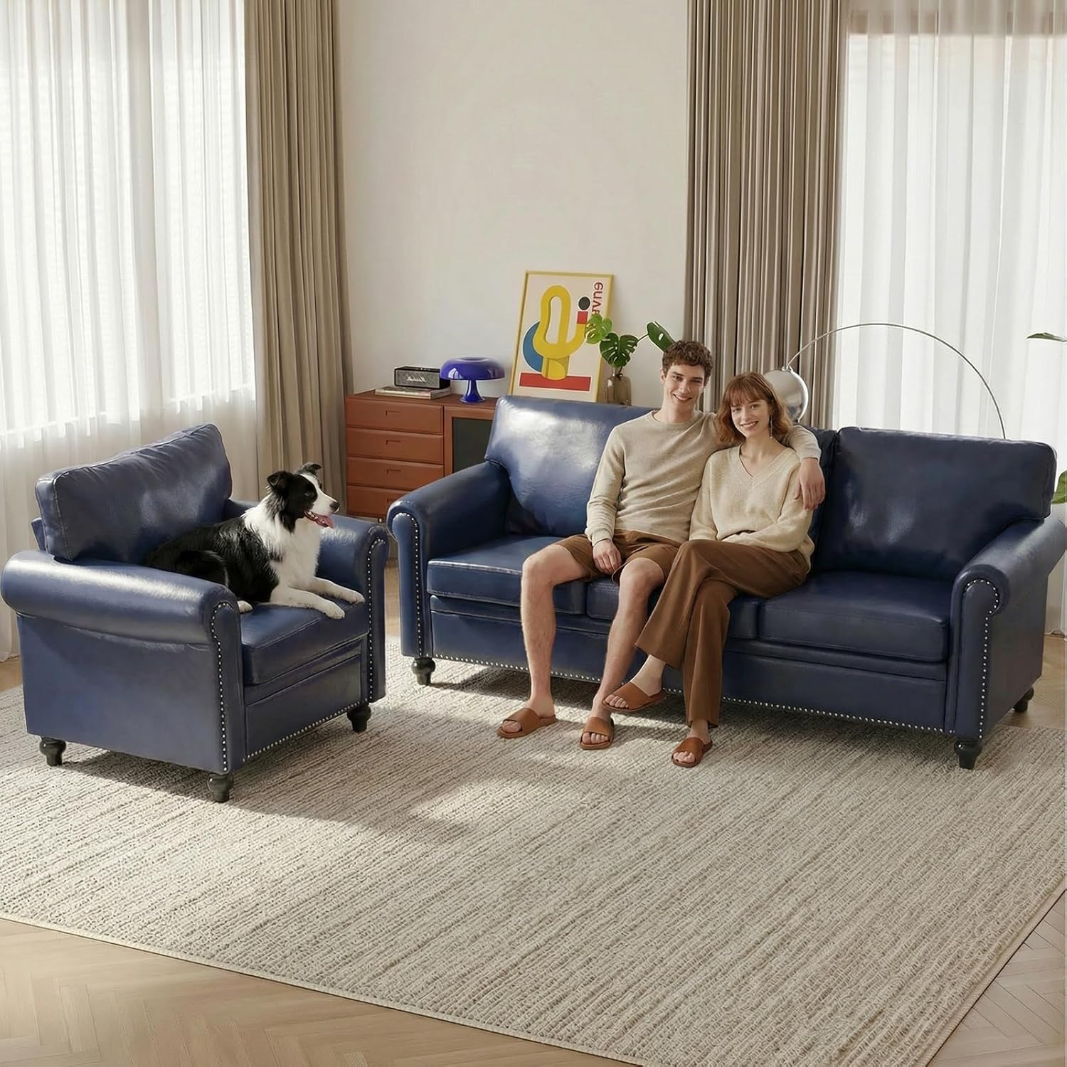 Chesterfield Sofa & Chair Set, Faux Leather Couch and Loveseat Set with Nailhead Trim, Midcentury Modern Living Room Furniture Set, Comfy Sofa & Accent Chair for Living Room, Navy Blue