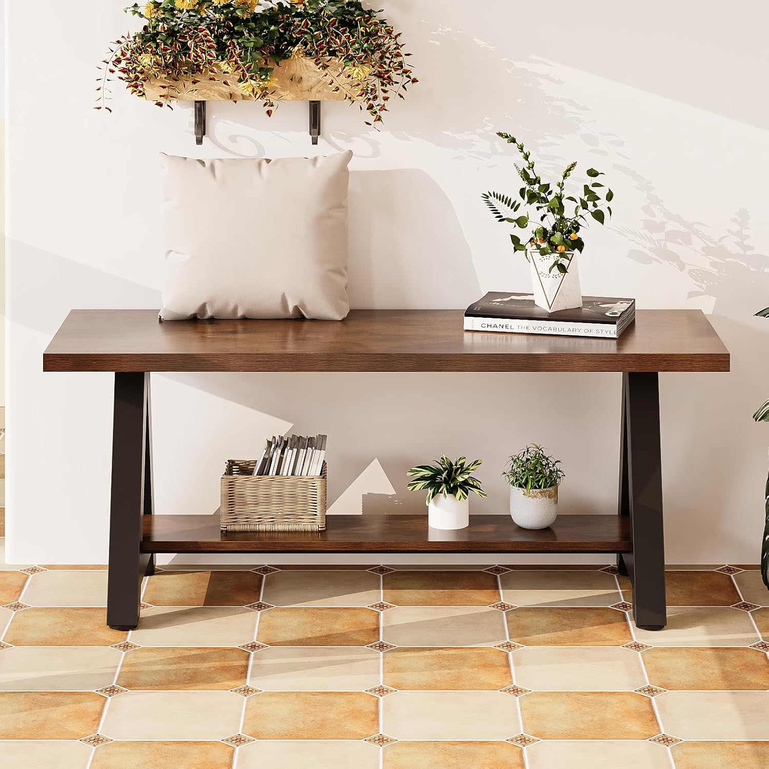 43" Farmhouse Wood Bench Industrial Entryway Bench Rustic Wood and Metal Shoe Storage Bench for Entryway, Living Room, Dining Room