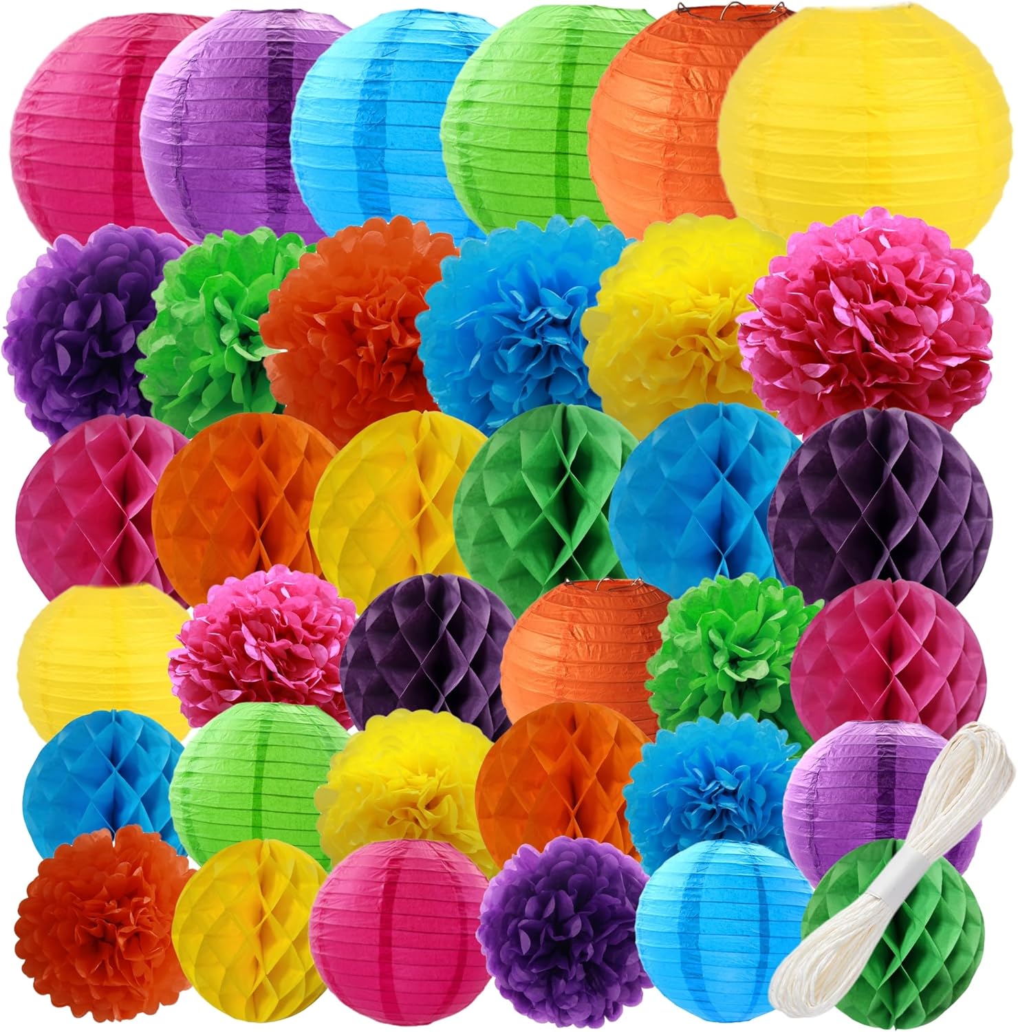 WOLHOWLTD Colorful Paper Decoration Set - 36 Pcs Paper Lanterns, Pompoms, Honeycomb Decorations for Wedding Rainbow Birthday Party Mexican Fiesta Classroom, Wedding, Home Decoration (6 Mixed Colors)