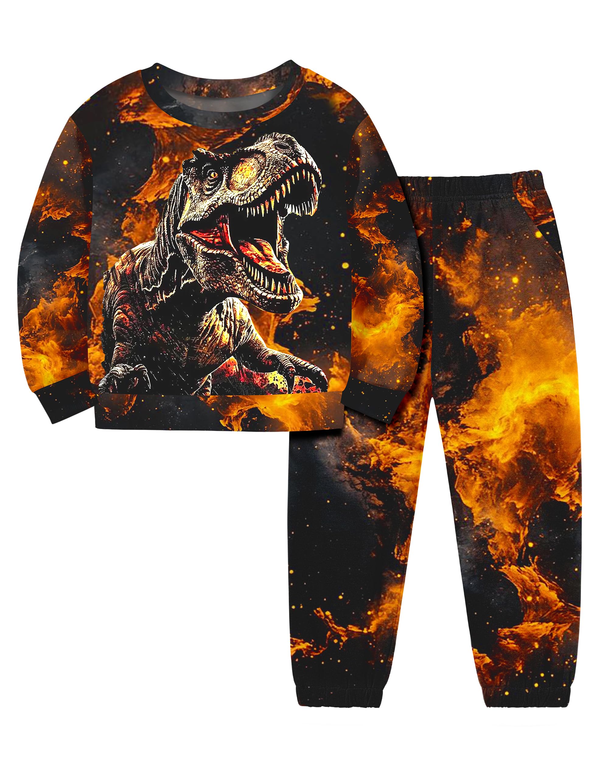Boys Clothes, T-Rex Print Dinosaur Boy Clothes Fall Winter Outfits Long-sleeved Hooded Sweatshirt Pants 2Pcs Set