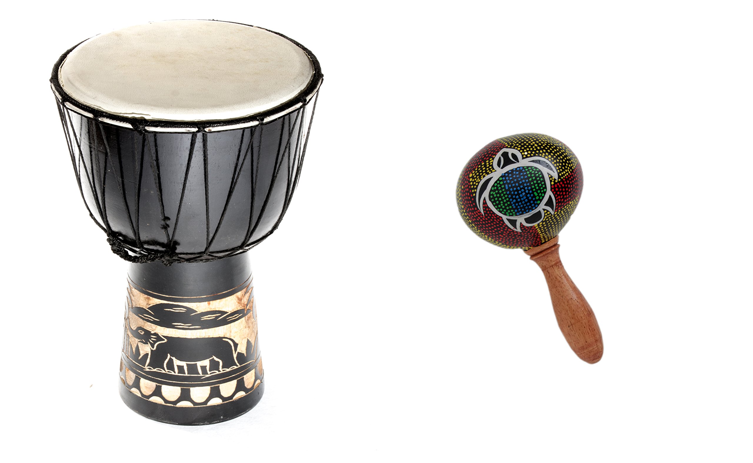 Große 60cm Djembe Holz Trommel Bongo Ziegenfell Elefant Schwarz + Rassel Schildkröte R1