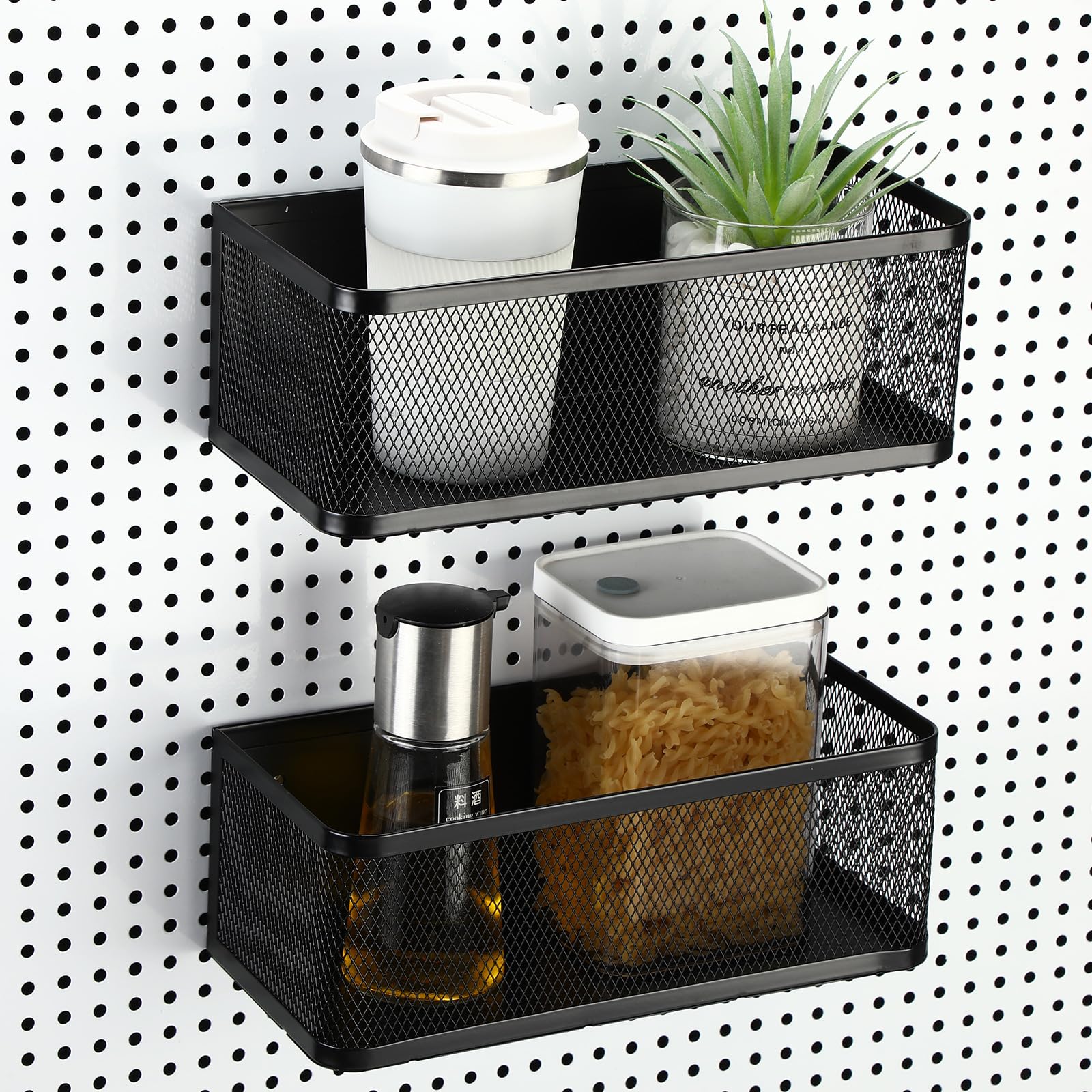 Blulu 2 Pcs Magnetic Pegboard Baskets Wall Organizer Metal Shelves Storage Pegboard Accessories Organizing Tools for Kitchen Whiteboard Fridge Office
