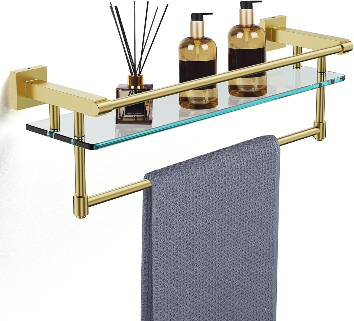 Bathroom Glass Shelf with Towel Rack Organizer Wall-Mounted Bathroom Storage SUS304 Stainless Steel Track Wall-Mounted Tempered Glass Stainless Steel Shelf (Brushed Gold, 20-inch) Brushed Gold 20-inch with Railing