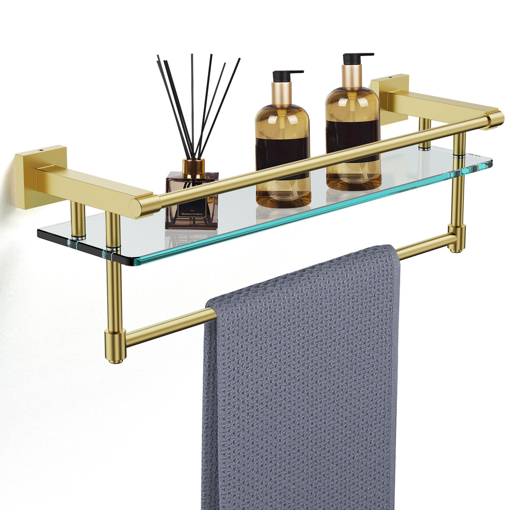 Bathroom Glass Shelf Towel Rack Shelf Glass Organizer Wall-Mounted Bathroom Storage SUS304 Stainless Steel Towel bar/Track Wall-Mounted Tempered Glass Stainless Steel Shelf (Brushed Gold, 20-inch)