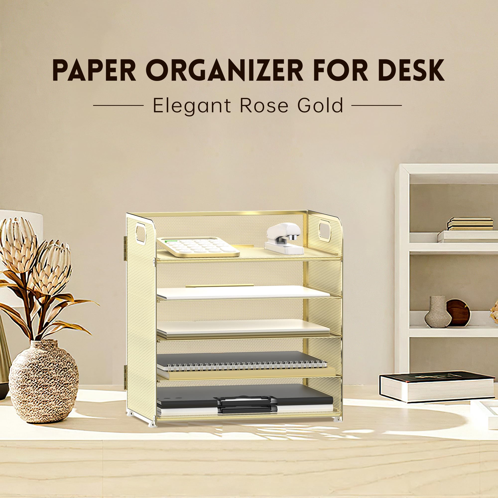 Supeasy 5 Ablagen, Papier-Organizer, Briefablage mit Griffnetz, Schreibtisch-Organizer, Papiersortierer, Schreibtisch-Organizer für Büro, Zuhause oder Schule (Gold)