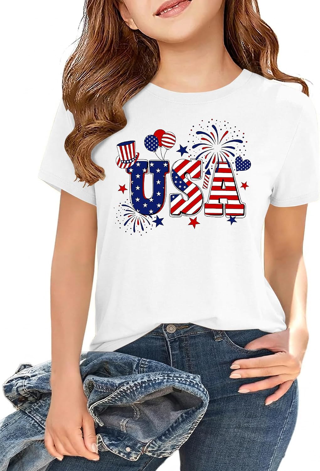 Boys Girls 4th of July Shirt Cotton Kids Red White and Blue USA American Flag Shirt Comfortable Patriotic Tops 2-12 Years
