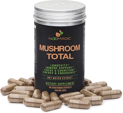 Noomadic Total de hongos, 60 cápsulas, 500 mg, 30% beta-glucanos, complejo adaptogénico de hongos de melena de león, cola de pavo, chaga, reishi,