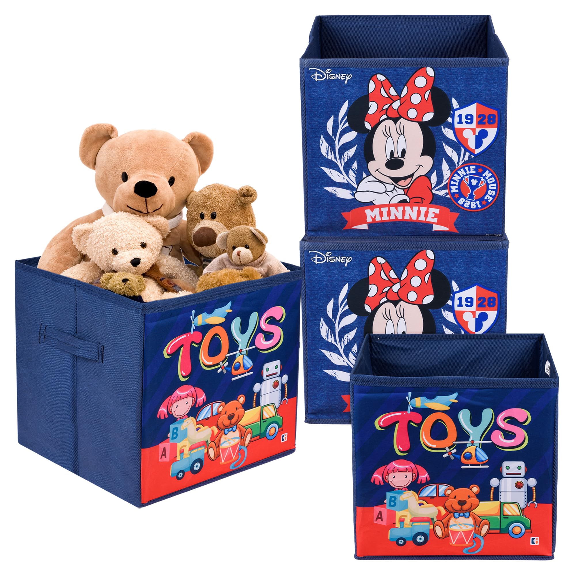 Kuber Industries Pack of 4 Storage Box | Square Toy Storage Box | Wardrobe Organizer for Clothes-Books-Toys | Stationary Organizer | Drawer Organizer Box with Handle | Disney-Print | Navy Blue
