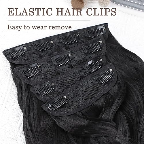 Miniatura 4 de MISSQUEEN Extensión de 20 pulgadas, 4 extensiones de cabello negro natural, extensiones gruesas de doble trama largas onduladas (negro)