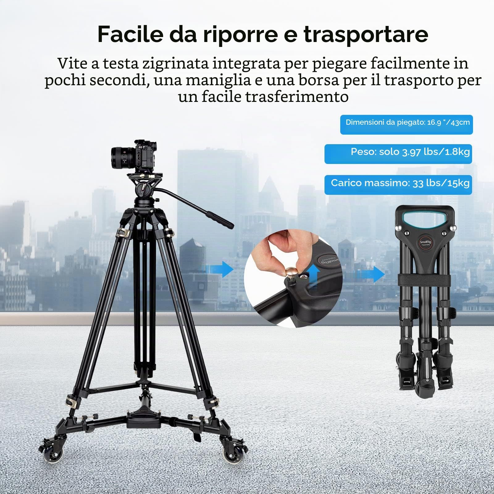 SMALLRIG Universal Tripod Dolly, Resistente con Supporti per Gambe Regolabili e Borsa per Il Trasporto, Carrello per Treppiede Fotografico, Capacità di Carico di 15 kg / 33 Libbre - 3986