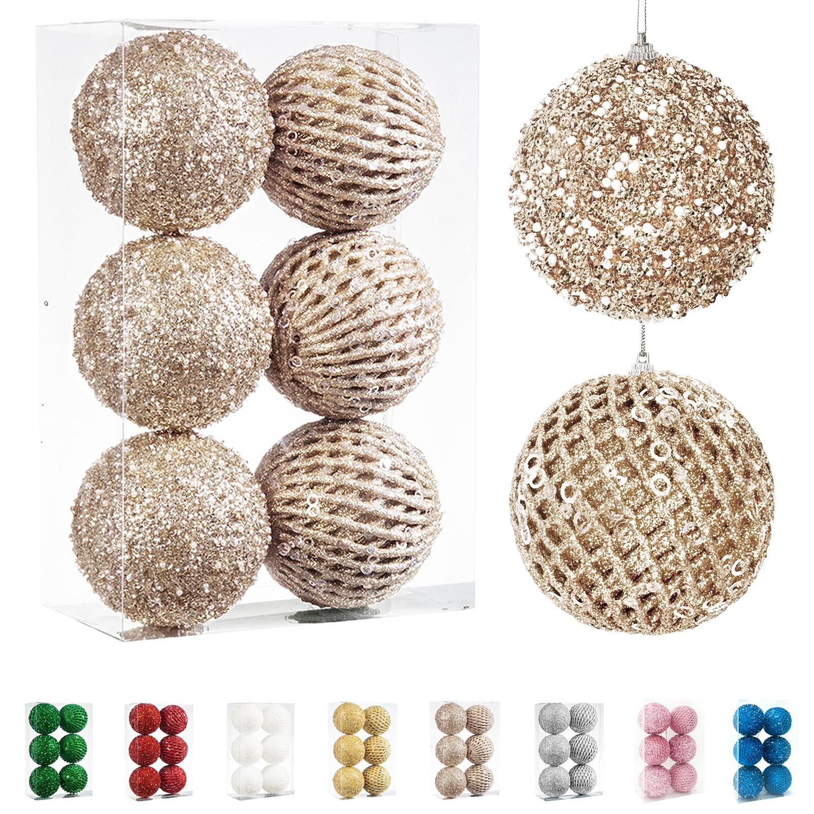 Fassory Champagne 6Pcs 10Cm Christmas Baubles Colour Large Xmas Balls Hanging Ornaments For Christmas Tree Decorations (, 10Cm)