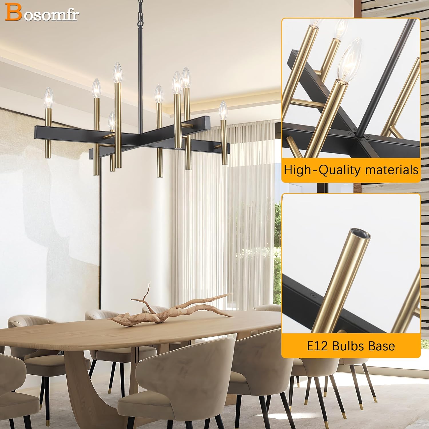 31.5'' Black and Gold Large Chandelier 8-Light for Living Room, Modern Dimmable Industrial Kitchen Table Chandeliers, Metal Hanging Light Fixture for Dining Room Entryway Foyer Stairway