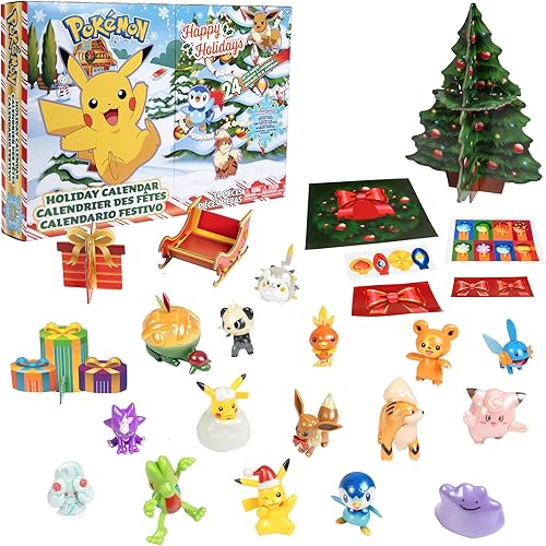 Calendario de Adviento de Pokémon para niños, juego de regalo de 24 piezas, incluye Pikachu, Eevee, Jigglypuff y más, 16 figuras de personajes de
