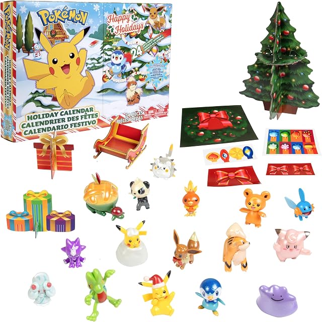 Jazwares Pokemon 2022 Holiday Advent Calendar for Kids, 24 Piece Gift Playset - Set Includes Pikachu, Eevee, Jigglypuff and More 16 Toy Character Figures & 8 Christmas Accessories Ages 4+, Multicolor
