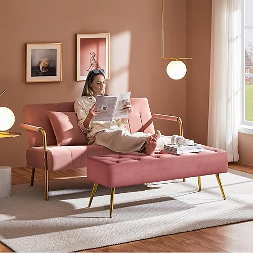 Miniatura 4 de Yaheetech Banco Otomano Moderno de Terciopelo Banco Tapizado Reposapiés para Sala de Estar con Patas de Metal Dorado y Asiento Acolchado Rosa