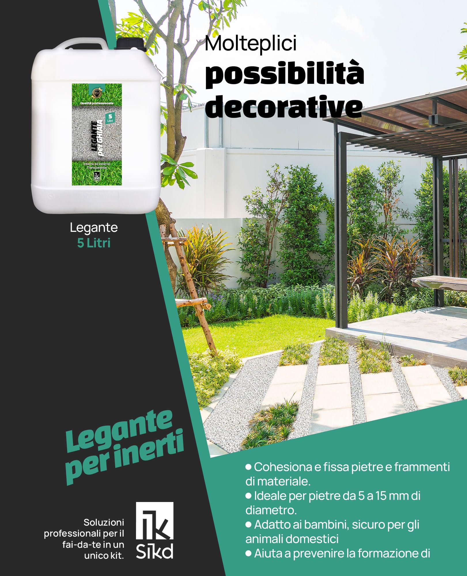Legante Per Ghiaia E Pietre Da Giardino Sikd | 5 Litri, Effetto Bagnato | Fissa Decorazioni Senza Bloccare Drenaggio