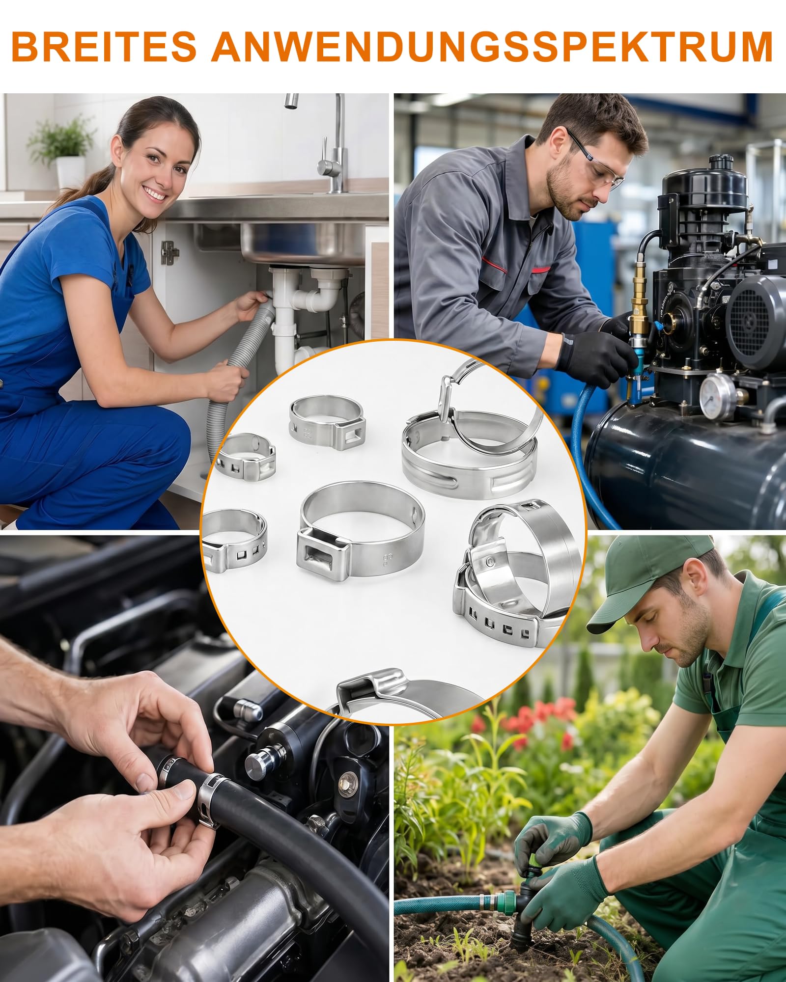 160PCS Schlauchschellen Set Edelstahl 304 mit Schlauchklemmenzange, 14 Größen (5,3-33,1mm) Einohr Schlauchklemmen Sortiment für Auto, Haushalt & Sanitär – Rostfrei & Auslaufsicher