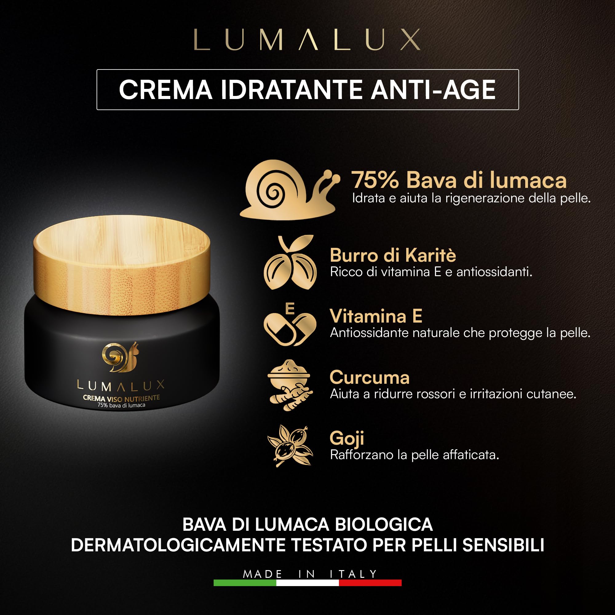 Lumalux- 2 in 1, Siero e Crema con Bava Di Lumaca 98% e 75%- Acido Ialuronico Antirughe e Aloe Vera