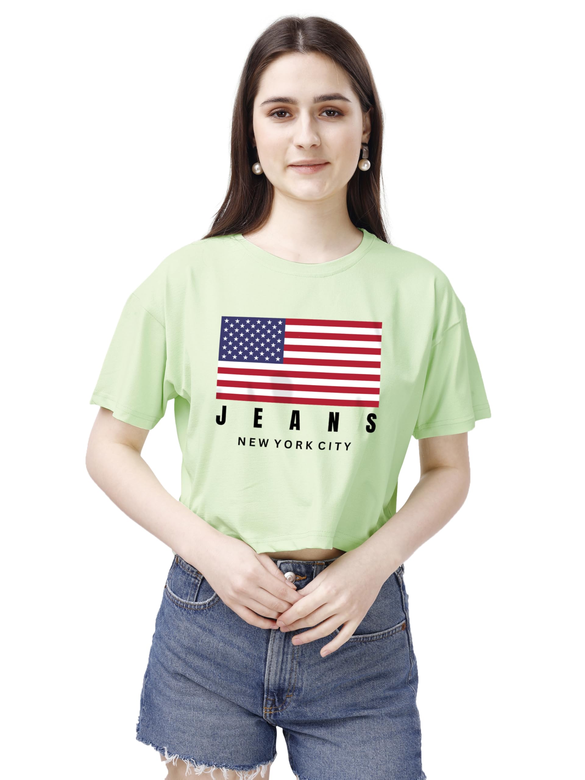 ELLITI Media manga de algodón suave y rico | Cuello redondo | Ajuste holgado | Soldadura de plumón | Camiseta corta con estampado de flage de EE. UU. para mujer