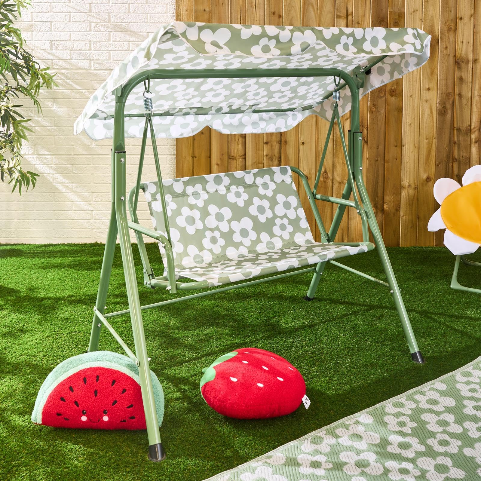 OHS Kids Daisy Print Swing Bench - Pale Green - 2 Seater
