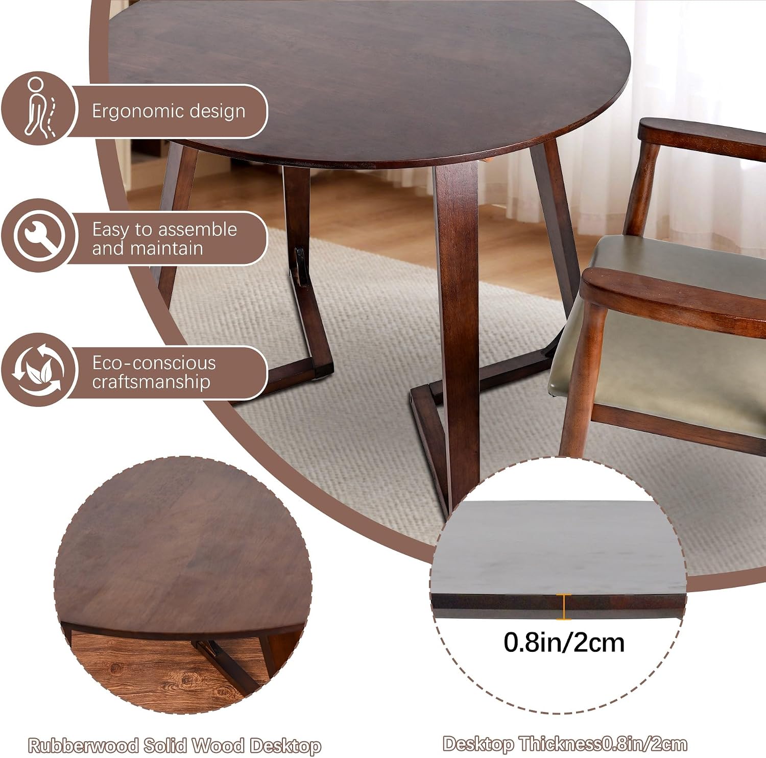 24" Round Dining Table - Solid Rubberwood Small Kitchen Table for 2, Space Saving Design with V-Leg Base, Natural Wood Finish